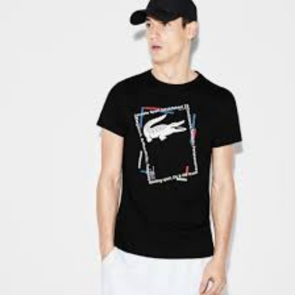LACOSTE Sport Men Tee Shirt Black Size XL Front Logo Cotton/Polyester